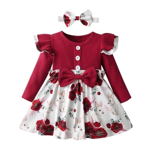 Image of Joureker Infant Baby Girl Dress Ruffle Long Sleeve Floral Printed Baby Girls Sundress Outfits, Red, 6-9 Months
