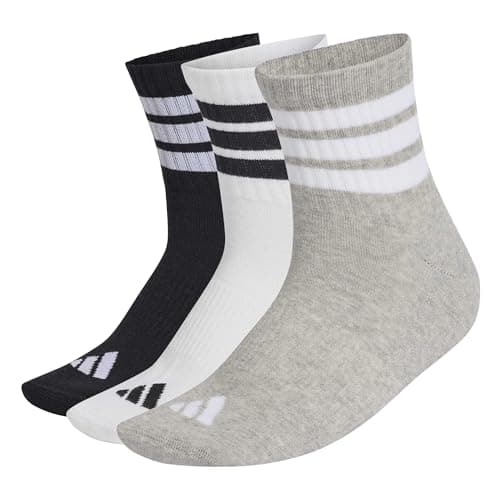 Image of adidas Unisex 3 STRIPES CUSHIONED SPORTSWEAR MID CUT SOCKS 3 PAIR PACK, medium grey heather/white/black, 10.5-12.5