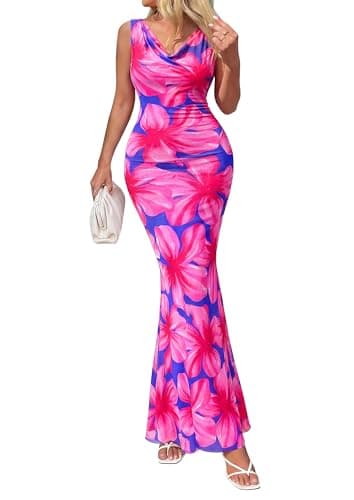 Image of PRETTYGARDEN Women's Summer Cowl Neck Floral Maxi Dress Sleeveless Bodycon Beach Vacation Long Party Wedding Guest Dresses, Floral Purple Pink, L