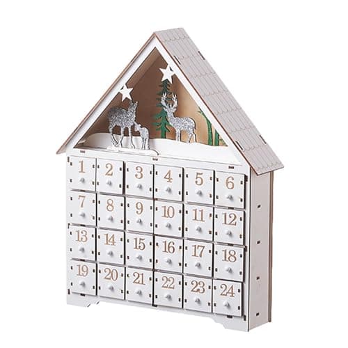 Image of Wooden Christmas Advent Calendar House with 24 Drawers and LED Lights, Reusable, White Christmas Advent Calendar with Village Forest, Reindeer Scene for Adults, Children