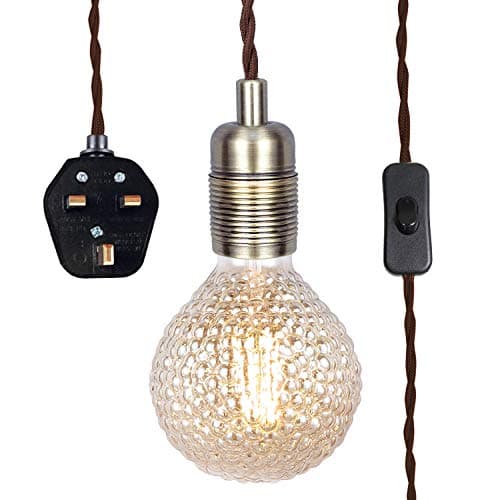 Image of Antique Brass Pendant Light Fitting with Plug-in, Vintage Style Hanging Light KIT E27 Lamp Holder, 4500MM Braided Twisted Cable with On/of Switch-KIT04APG