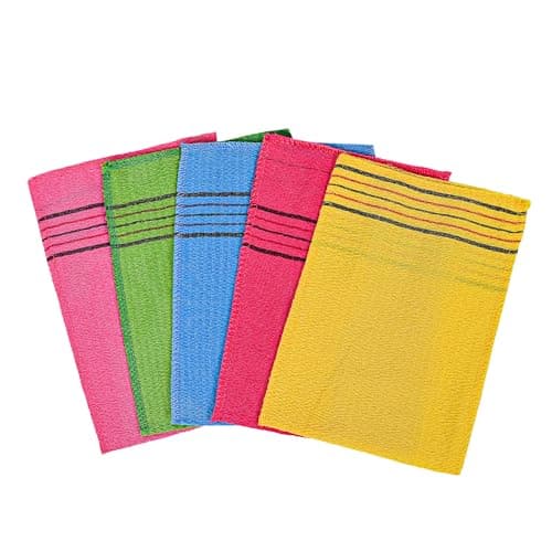 Image of 5x Asian Exfoliating Mitts – 5 Pack Korean Italy Towel Body Scrub Gloves for Deep Exfoliation & Dead Skin Removal, Shower & Spa Bath Mitt Set (Red, Pink, Yellow, Green, Blue)