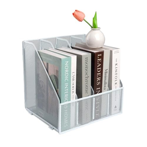 Image of EasyOFC Metal Mesh A4 Magazine File Holder, 4 Sections Desktop Document Organiser, Office File Storage Rack for Desk Tidy,White
