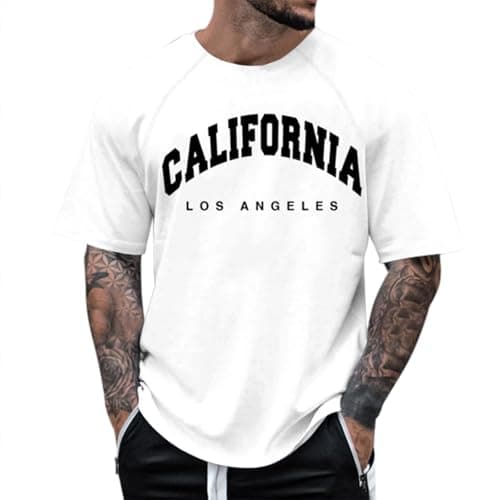 Image of Funny Shirts for Men Short Sleeve New York Letter Graphic Checked Shirt Holiday T-Shirts Los Angeles Color Block Sports Tees Loose Fit Gym California Classic Tops Outfits, White, 4XL