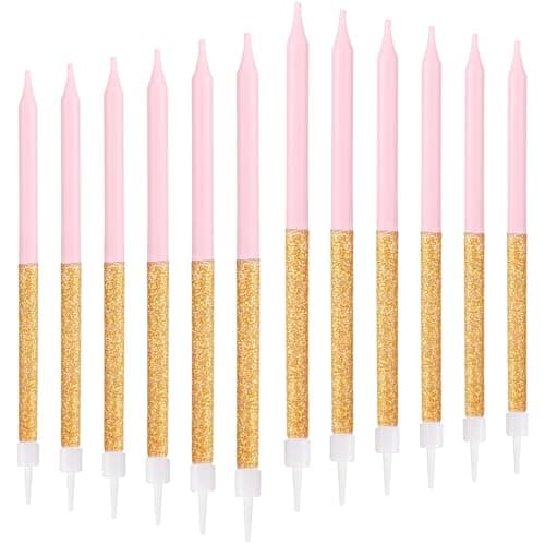 Image of mciskin Pink Gold Birthday Candles for Cake,12pcs Pink Candle Cake Decorations for Birthday Party, Shining Gold Long Candles,Glitter Tall Party Candles, Baby Showers, Wedding Anniversary