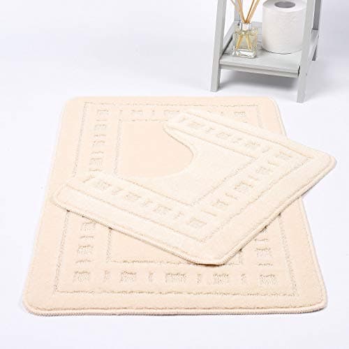 Image of HOMES-LINEN Diem Square 2 Piece Bath Mat & Pedestal Set Non Slip Extra Absorbent Bathroom Toilet Rug Bath Mats Set (Cream)