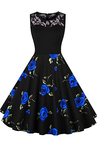 Image of AXOE Women Vintage Dresses 1950s for Summer Rockabilly Midi Sleeveless Black with Blue Roses F3B, UK Size 8-10, S