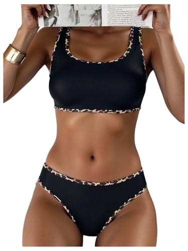 Image of GORGLITTER Women's Leopard Print Bikini Sets Contrast Trim Padded Top 2 Piece Vacation Beach Swimsuits Black Medium
