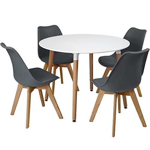 Image of Charles Jacobs White Circular Dinner Table Set with 4 Dining Chairs - Grey