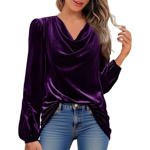 Image of Velvet Tops for Women Elegant Cowl Neck Pleated Blouse Dressy Casual Going Out Puff Long Sleeve Tops Autumn Clothes(Purple, XL)