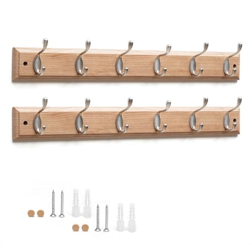 Image of Flatro Coat Hooks Wall-Mounted | (Pack of 2) Bamboo Coat Rack with 6 Zinc Alloy Hooks to Hang Hats, Jackets, Bags, Keys, Towels | Best Suited for Home Entrances, Bedrooms, Bathrooms | Fixings Included