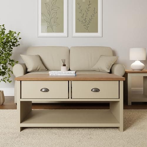 Image of GFW Lancaster Coffee Table With Drawers For Living Room, Storage Coffee Tables 2 Drawers & Undershelf Display, Living Room Home Furniture Wood Table, Cream, W99 x H50 x D55 cm