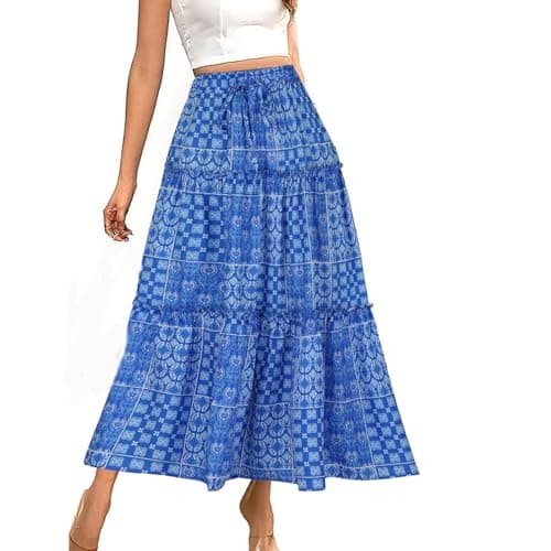 Image of Boho Skirts for Women UK Plus Size Summer High Elastic Waist Drawstring Lace Up Pleated Long Skirt Oversized Vintage Print Tiered Layered A Line Flowy Swing Skirt Holiday Beach Dresses Daily Wear