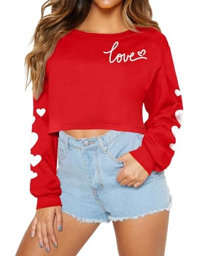 Image of For G and PL Women's Valentines Funny Love Characters Valentine Sweatshirts Cropped Long Sleeve Valentine Pullover Tops Red L