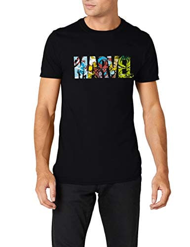 Image of Marvel Men's Marvel Comic Strip Logo T-shirt T Shirt, Black, L UK