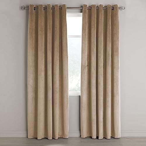Image of Aspire Homeware Beige Eyelet Curtains 66x72 (2 Panels) with Tie Backs - Fully Lined Velvet Curtains for Bedroom, Window Curtain for Living Room (168cm x 183cm)