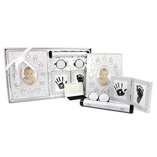 Image of New Baby Unisex Boy Girl Gift 5 Piece Keepsake Set, First Photo Frame, Curl and Tooth Box, Handprint Footprint Prints Kit, Silver White