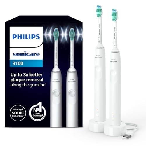 Image of Philips Sonicare 3100 Electric Toothbrush, Sonic Toothbrush, Pressure Sensor and Timer, White, Dual Pack, Model HX3675/13