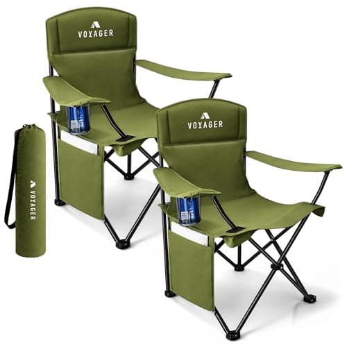 Image of Voyager Folding Camping Chairs 2 Pack with Cooler Bag, Lightweight Q195 Steel Frame, 600D Oxford Fabric, Portable & Comfortable -Green