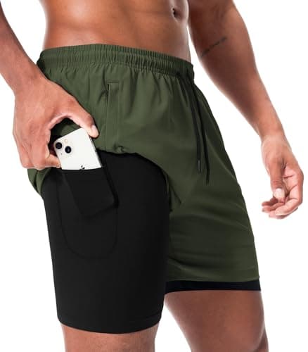Image of Superora 2 in 1 Men's Running Shorts with Built-in Phone Pocket - Essential Athletic Quick Dry Shorts for Gym,Workout,Exercise and Sports Army Green