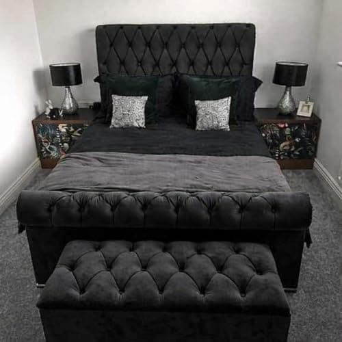 Image of Bespoke Chesterfield Plush Velvet Royal Slaigh Bed - Mattress/Gas Lift Options - UK Made - Double/King/Super King (Black Plush, King size 5ft Bed Frame)
