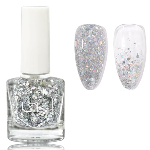 Image of Glitter Nail Polish - Silver Diamond Sparkle Long Lasting Varnish - Flash Shinny, No Baking & Easy to Apply for Women