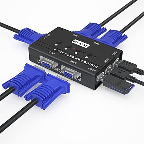 Image of VGA KVM Switch 4 port, KVM USBSwitches Selector for 4 Computers Share One HD Monitor Keyboard Mouse Printer, MT-VIKI 4 in 1 out KVM Switches VGA +Cables 2in1 +3 USB Hub