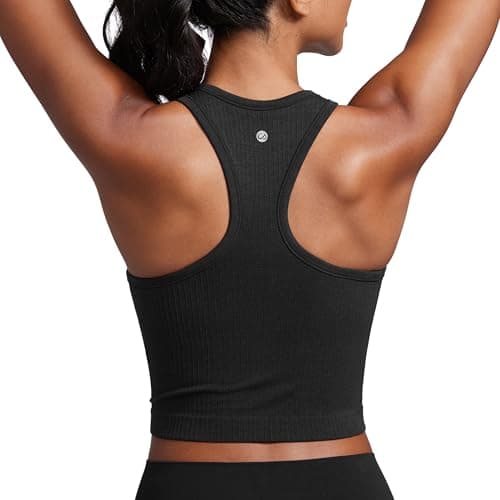 Image of CRZ YOGA Women's Longline Ribbed Crop Tank Top Padded Wireless Racer Back Sports Bra Yoga Vest Tops with Built in Bra Black 10