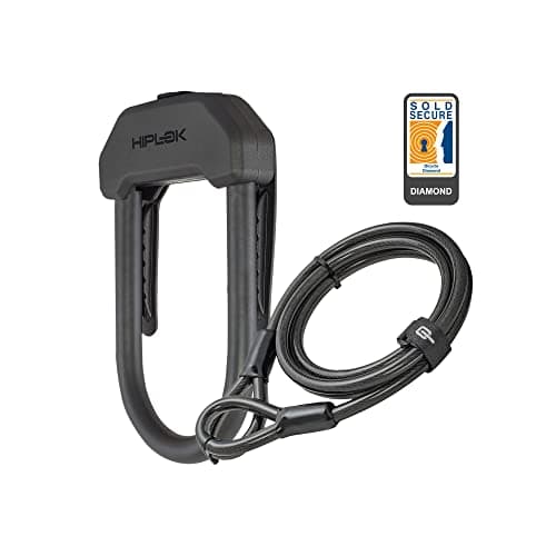 Image of Hiplok DX+ Bike D Lock (15cm x 8.5cm) with a 2m Steel Cable - Black. 3 Keys Included. Sold Secure Powered Gold & Pedal Diamond Bike/Bicycle D Lock