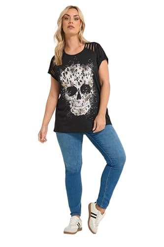 Image of Yours Curve Skull Print Laser Cut T-Shirt - Women's - Plus Size Curve Black