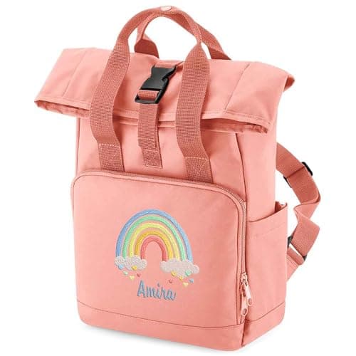 Image of Purple Print House Personalised Rainbow Mini Roll Top Backpack For Girls Embroidered Back To School Nursery Toddler Kids Bag, One Size, Blush Pink