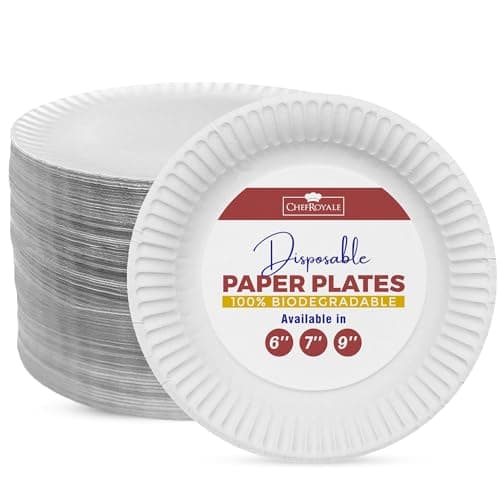 Image of CHEF ROYALE 9-inch, (Pack of 100) Disposable Paper Plates for Parties Heavy Duty White Plates for Hot & Cold Foods - Eco-Friendly & Biodegradable Paper Plates (100, 9")