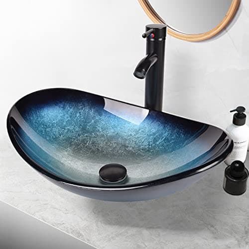 Image of ARTETHYS Bathroom Sink, Countertop Wash Basin, Glass Vessel Washing Bowl Set with Tap, Cabinet Counter Top Sink with Faucet Pop-up Drain and Water Pipe for Vanity Cabinet Cloakroom, Oval Blue