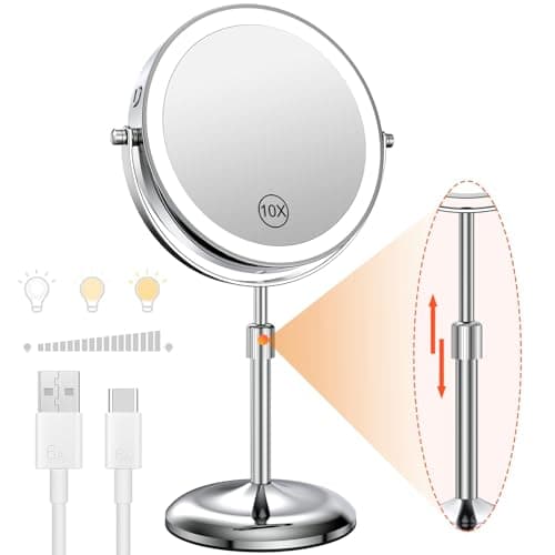 Image of Benbilry Lighted Makeup Mirror with 10X Magnification & 3 Color Lights, Adjustable Brightness & Height, 7 Inch 360° Swivel Rechargeable LED Vanity Mirror, for Women Girls (Silver)
