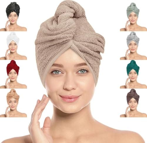 Image of BAVIN Hair Towel Wrap, 100% Pure Cotton, Rapid-Dry Hair-Drying Turban, Ultra Soft and Quick Drying Absorbent, Anti Frizz Hair Large Towel with Button Loop, 66cm x 26cm (Beige, Pack of 1)