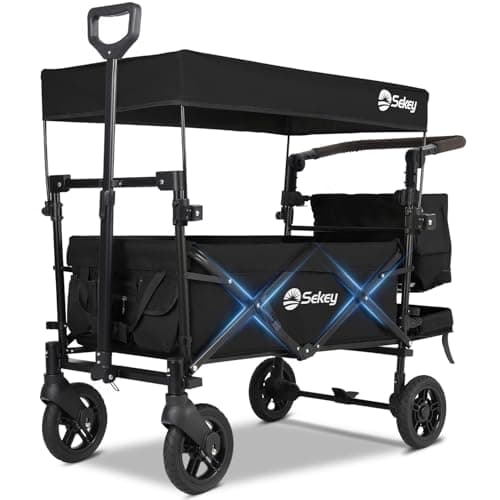 Image of Sekey Kids Folding Handcart Wagon with Removable Canopy, Versatile Foldable Transport Trolley for Family Outings Including Shockproof PU Wheels, 220LBS(100KG) Weight Capacity, Push Handle, Black
