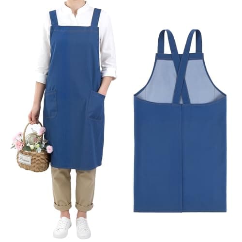 Image of ViEinkaufen Cross Back Apron with Pockets, Cotton Apron No-ties for Women Men, Denim Apron for Florist, Coffee House and Kitchen