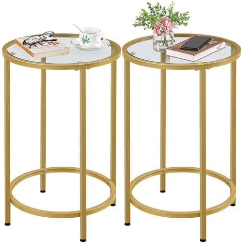 Image of Yaheetech Round Side Table Set of 2, Tall Modern Gold End Table with Glass Top & Metal Frame for Living Room Balcony Small Space, 40.5 x 40.5 x 61 cm, Easy Assembly, Mustard Gold