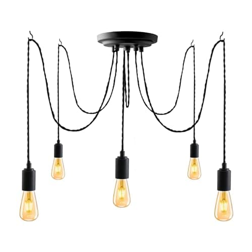 Image of JIAHUA 5Lights Black Industrial Pendant Light Fitting,Multiple Spider Ceiling Pendant Lamp Chandelier with Adjustable 3M Twisted Braided Cable E27 Lamp Holder