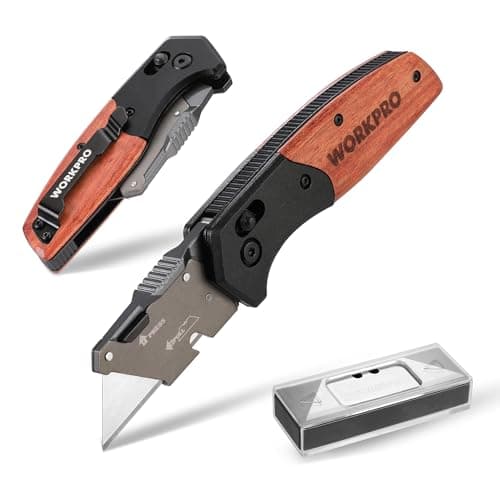 Image of WORKPRO Folding Utility Knife with Wooden Handle, Slide-Lock Box Cutter with Quick-Change Blade and Belt Clip, Includes 10 SK5 Blades
