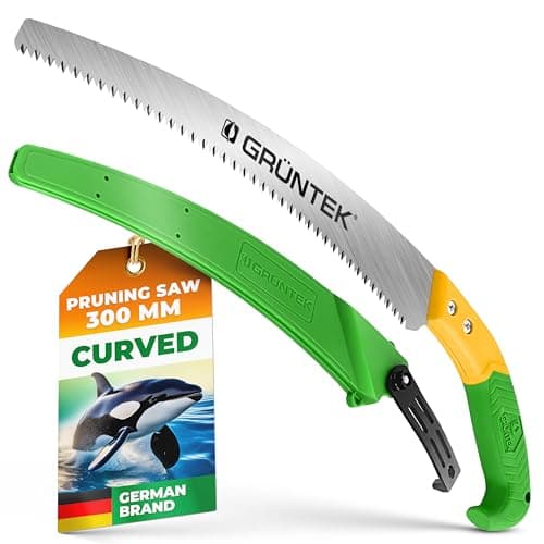 Image of GRÜNTEK ORCA Curved Pruning Saw 330 mm – Triple-Edge Hand Saw with Soft Grip & 7 TPI Blade – Rugged Case for Gardening, Wood Cutting & Camping