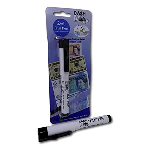 Image of Minder 2 in 1 Forged Note Till Pen with Integrated UV Light - Ideal for Detecting Counterfeit Paper and Polymer Currency (Permanent Ink - Black, 2 Pens)
