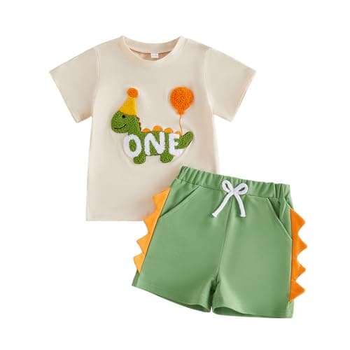Image of MAHUAOYIXI Toddler Boys 1st/2nd Birthday Outfits Dinosaur Letter Embroidery Round Neck Short Sleeve Tshirt Top and Elastic Waist Shorts Sets Baby Boys Birthday Gift (ONE, 12-18 Months)