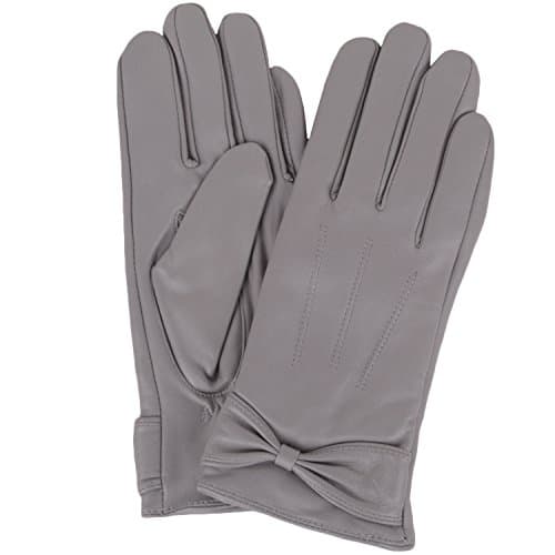 Image of SNUGRUGS Womens Butter Soft Premium Leather Glove with Bow, 3 Point Stitch Desin & Warm Fleece Linning (Medium (7"), Light Grey)