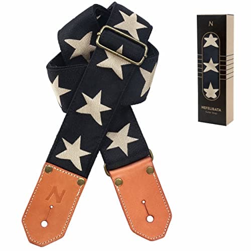 Image of Nefelibata Cool Woven Guitar Strap -Cotton Guitar Straps with Thicked First Layer Vegetable Tanned Cowhide Leather Ends for Acoustic, Bass, Electric, Best Gift for Your Love Guitarists(Star)