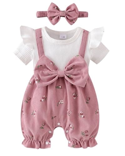 Image of WYTbaby Baby Girls Clothes Romper Short Sleeve Floral Bow Print Jumpsuit Ribbed Knitted Outfits Spring Fall Bodysuits for Infant 3-6 Months