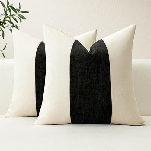 Image of Artscope Set of 2 Cotton Linen Chenille Cushion Covers with Striped Patchwork Modern Minimalist Cushion Case Geometric Pillowcases for Living Room Bed Couch Sofa Home Decor 50x50cm Black