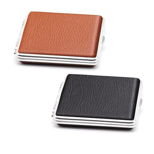 Image of Men's Cigarette Case for Roll Ups,YMWALK Leather Cigarette Case Holder Metal Frame Cigarettes Box Can Holds 20Pcs Cigarettes (Black+Brown)