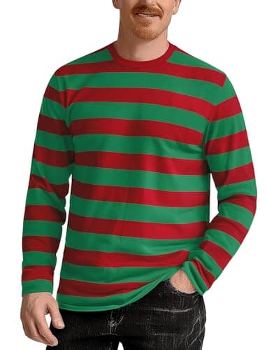 Image of Zengjo Striped Long Sleeve T Shirt Mens(Red Green,XL)