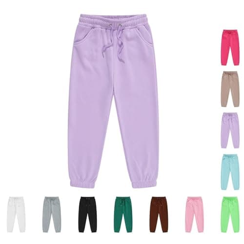 Image of Kids Plain Joggers with Drawstring Pockets Toddler Boys Girls Sweatpants Elasticated Waist Cotton Soft Tracksuit Bottoms High Waisted Solid Color (Hot Pink, 6-7 Years)